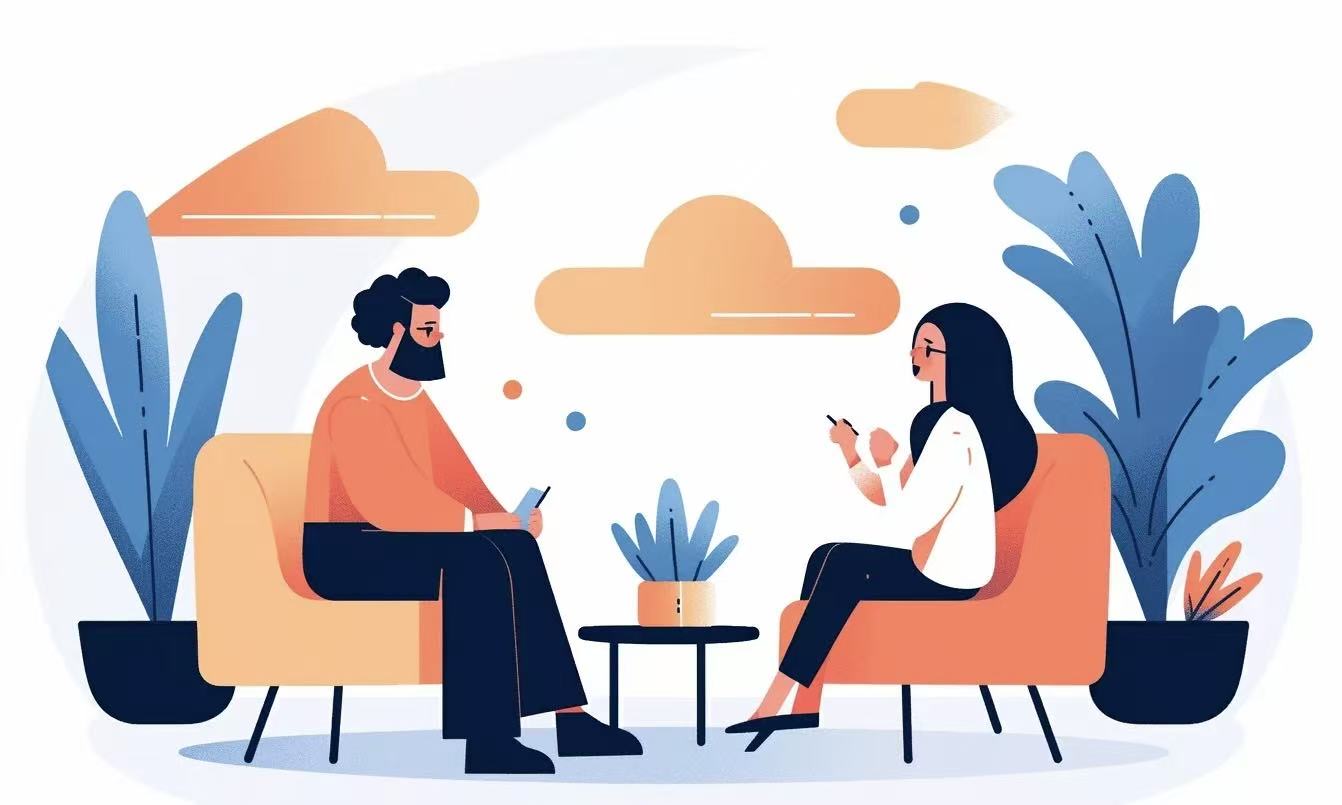 Illustration of two people discussing ideas while seated across a small table