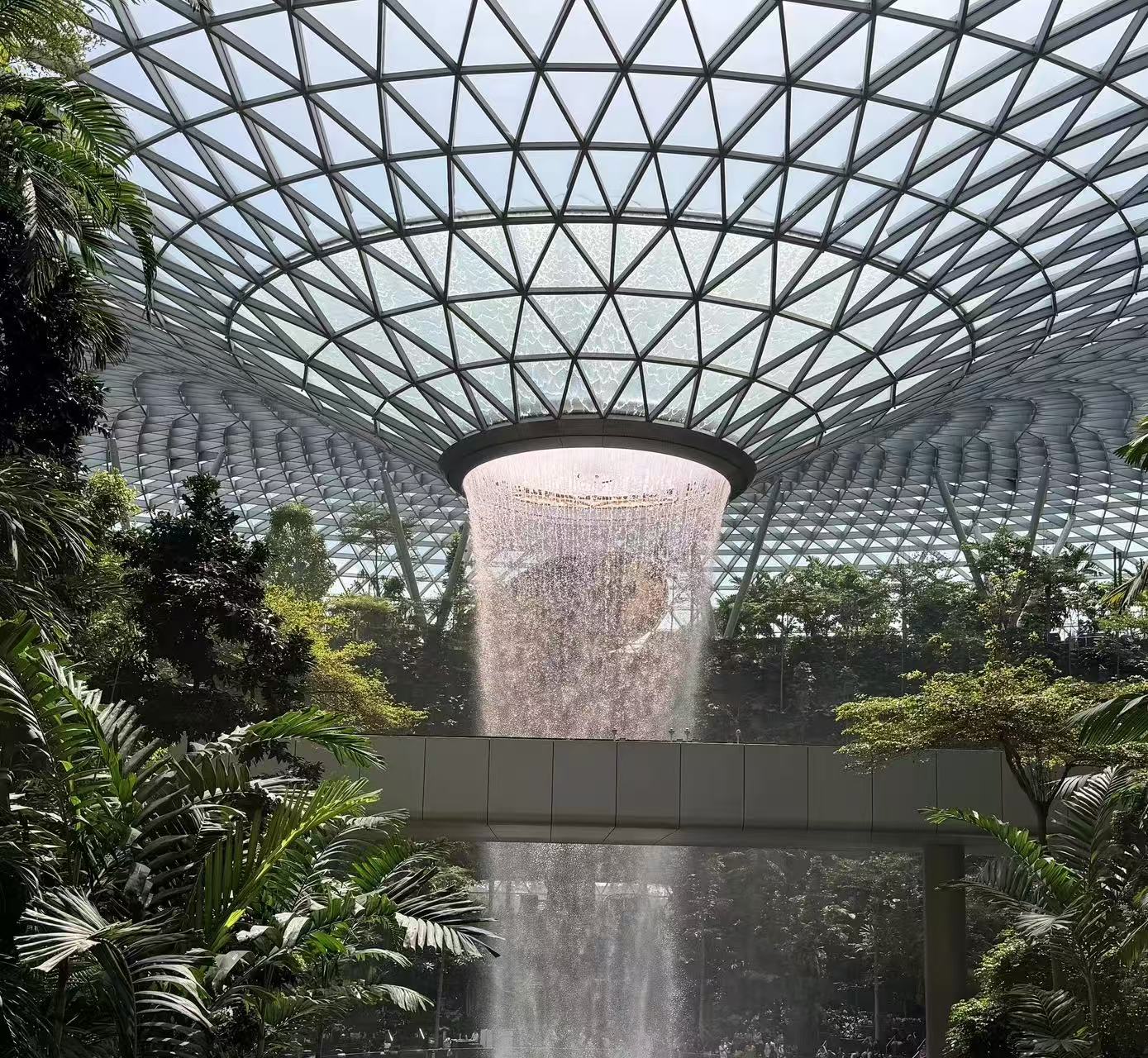 Indoor waterfall and greenery beneath the glass dome at Jewel Changi Airport