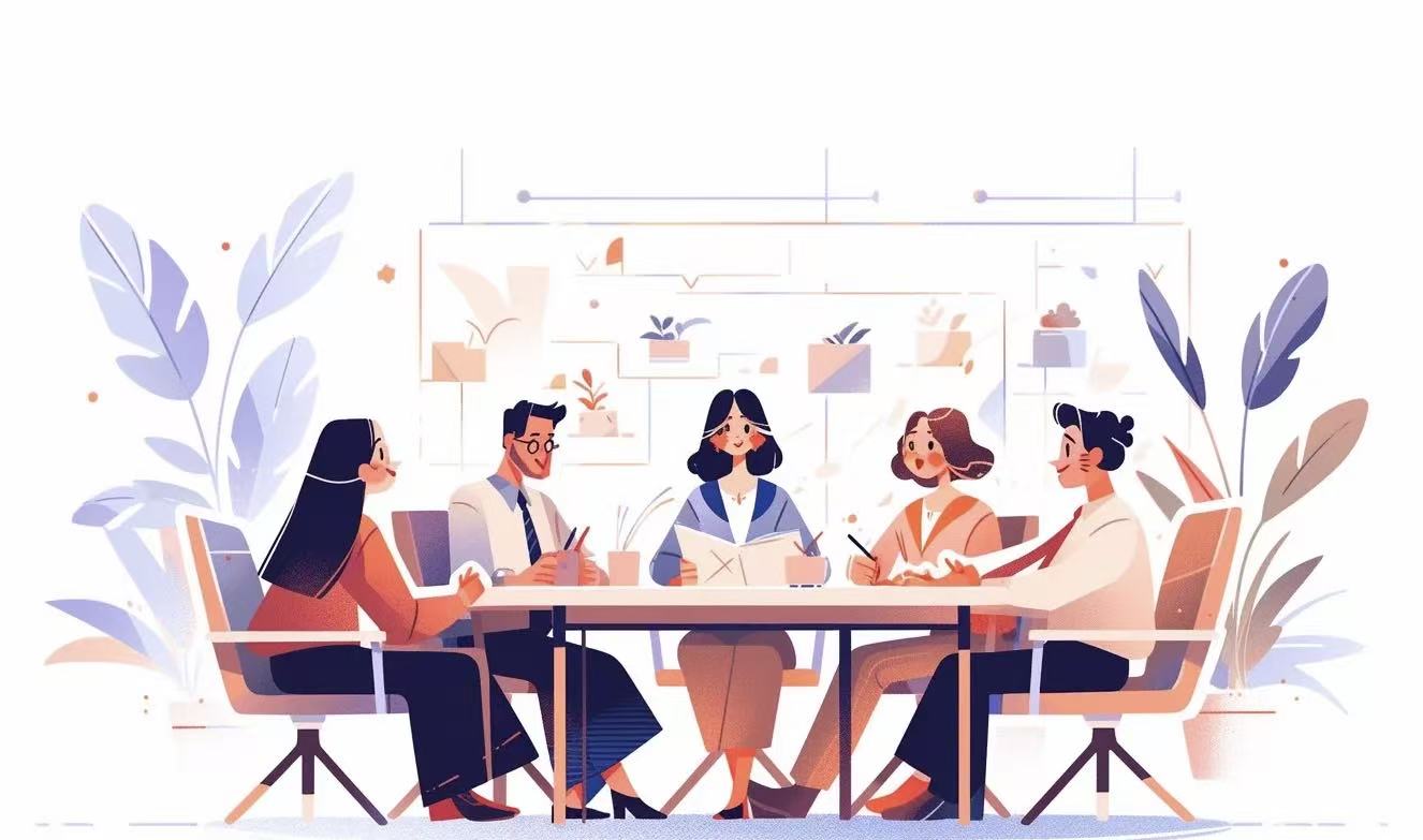 Illustration of a team discussing documents around a meeting table